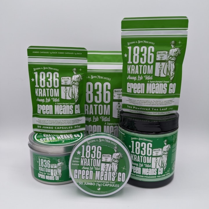 Green Means Go Kratom by 1836 Kratom Powder and Jumbo Capsules (1g each) in various sizes. Known for energy, mood enhancement and slight relief