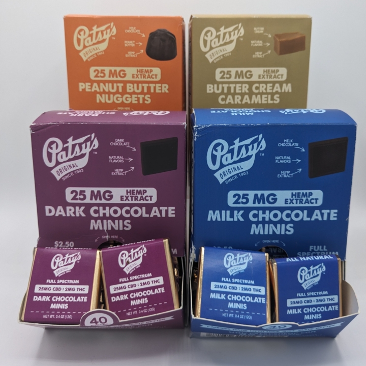 Patsy's Orgional Full Spectrum CBD Treats including Individual Peanutbutter cups, Caramels, Dark Chocolates, and Milk Chocolates with a content of 25mg Full Spectrum CBD and a Microdose of 2mg Delta 9 THC per.