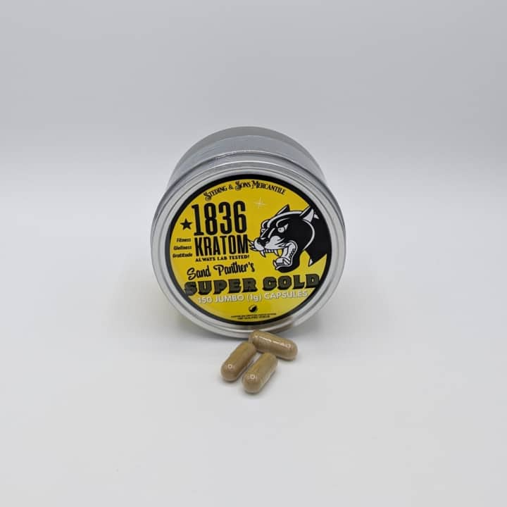 1836 Kratom Super Gold 150 Jumbo Capsules (1g per capsule) Known for mood enhancement and relief