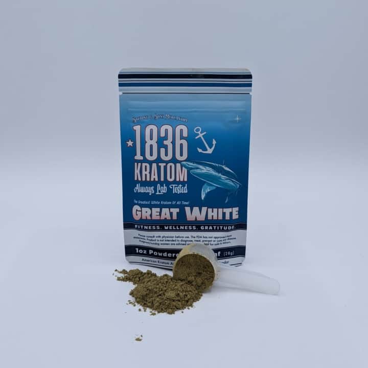 1oz Great White Powder Kratom by 1836. Known for energy, mood enhancement.