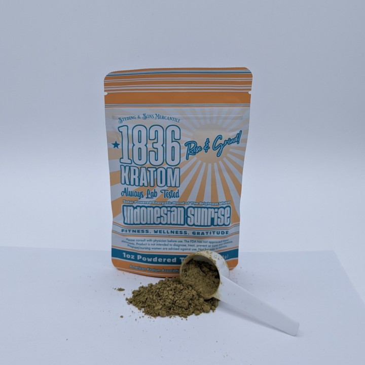 1oz Indonesian Sunrise Powder Kratom by 1836. Known for energy, mood enhancement.