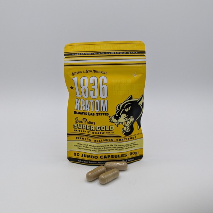 1836 Kratom Super Gold 20 Jumbo Capsules (1g Capsules) Known for mood enhancement and relief