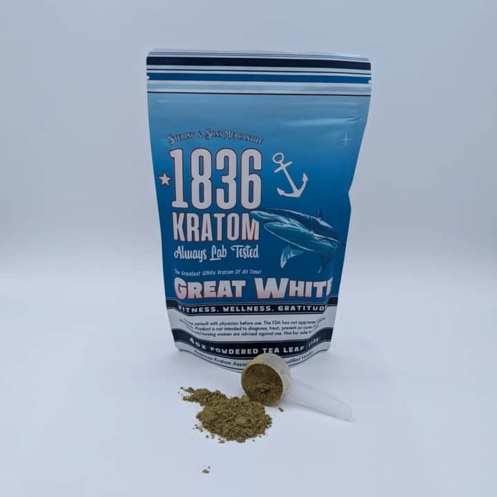 4oz Great White Powder Kratom by 1836. Known for energy, mood enhancement.