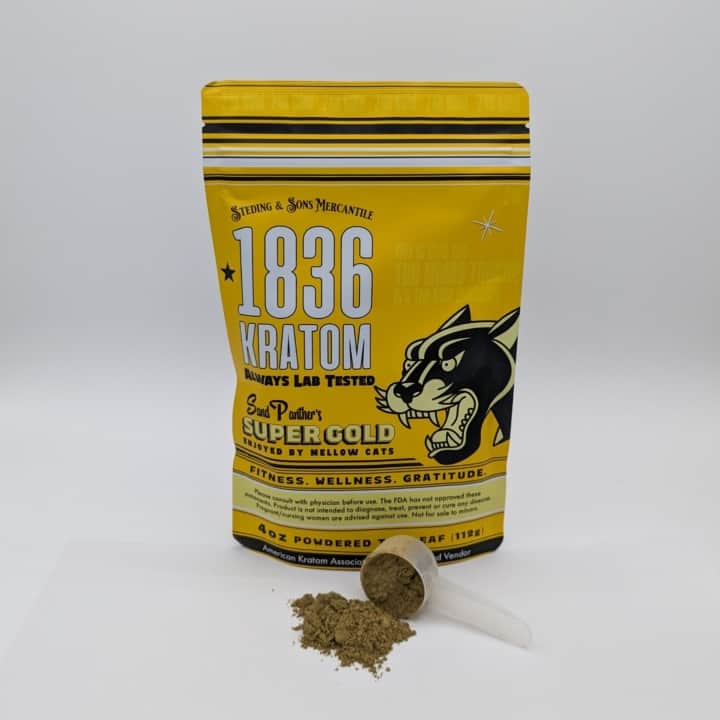 1836 Kratom Super Gold 4oz powder. Known for mood enhancement and relief