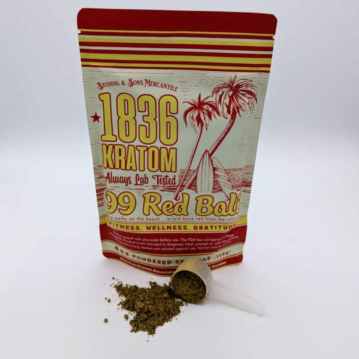 99 Red Bali 4oz Kratom Packet with 5 stars in relief. by: 1836 Kratom