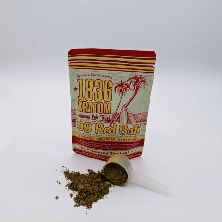 99 Red Bali 1oz Kratom Packet with 5 stars in relief. by: 1836 Kratom