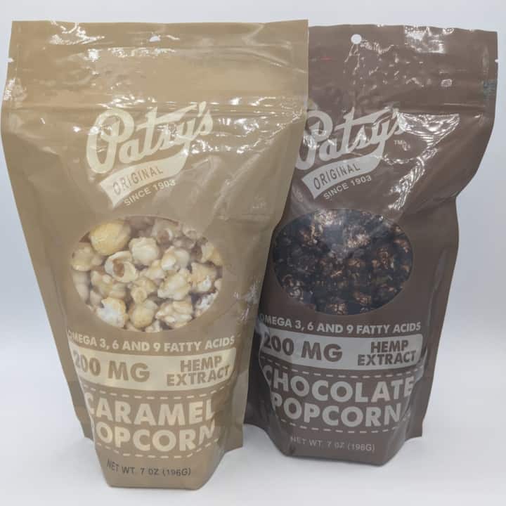 Patsy's flavored 200mg Full Spectrum CBD Popcorn available in Chocolate or Caramel Popcorn.