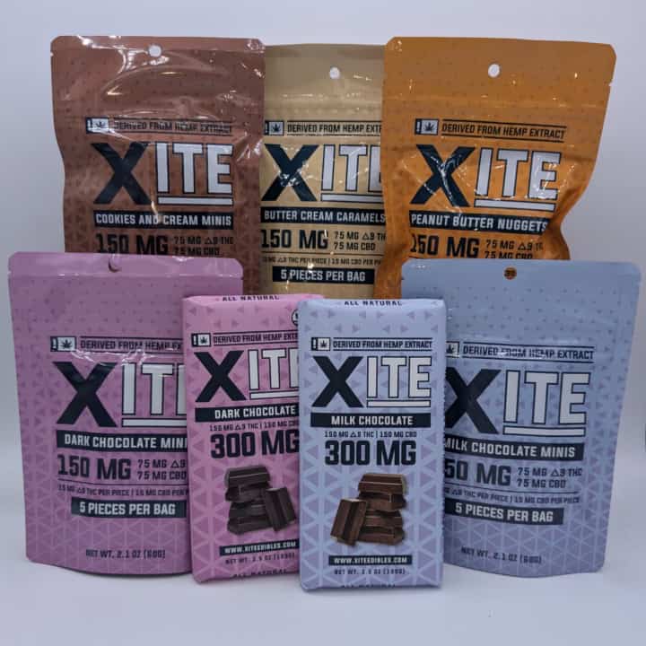 Xite Delta 9 THC + CBD Chocolates and Caramels in 5 pack minis and Bars