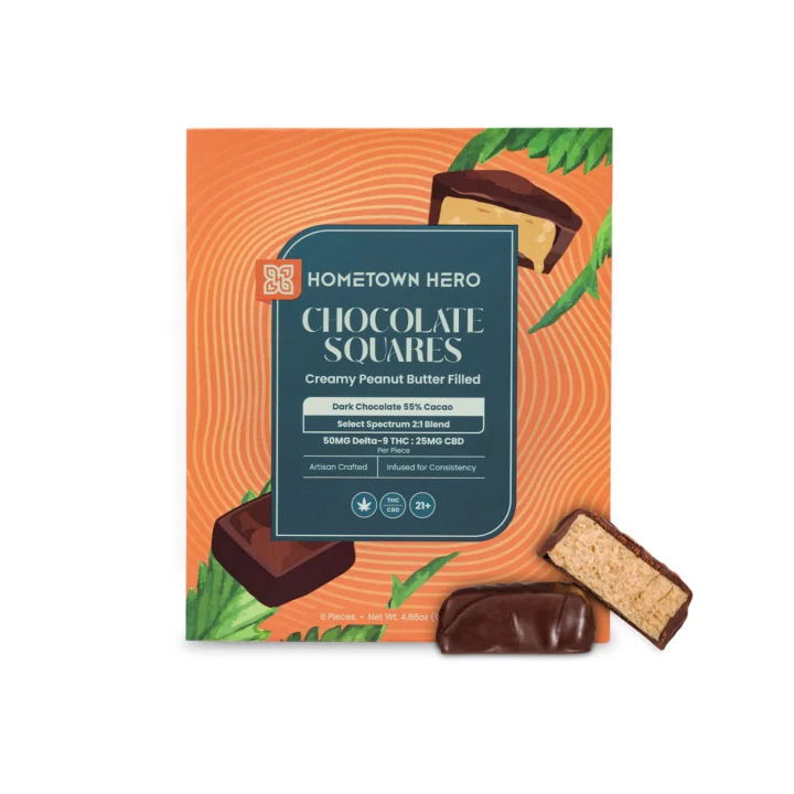 Hometown Hero Chocolate Peanut Butter 50mg THC & 25mg CBD per piece, 300mg per box Calming, smooth onset from a 2:1 ratio of THC to CBD 55% cacao dark chocolate Best for soothing the mind and body  Infused for better flavor, consistency, and bioavailability