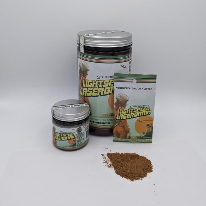 Lightning Speed Laser Brain instant mushroom coffee tub & single serving capsules by Steding & Sons for Astronomical Focus