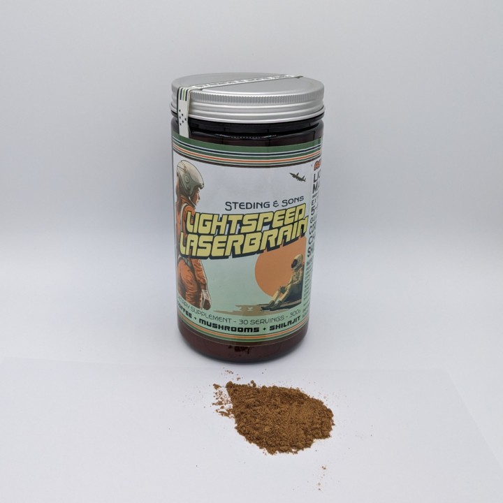 Lightning Speed Laser Brain instant mushroom coffee tub by Steding & Sons.More mushrooms extract than Ryze Mushroom Coffee and Mud WTR.