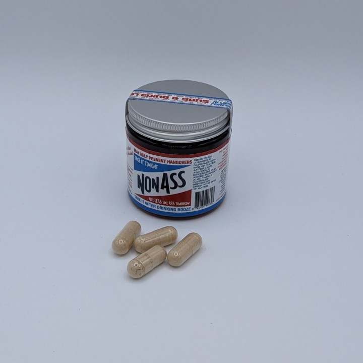 NonAss 50pk capsules By: Steding & Sons Serving size 2 capsules before and 2 after drinking to help keep you from feeling like ass the day after drinking