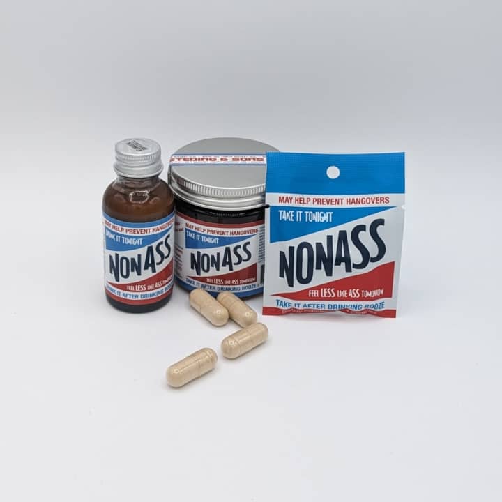 NonAss 4pk Capsules 50pk capsules and liquid shot. by Steding & Sons Serving size 2 capsules before and 2 after drinking to help keep you from feeling like ass the day after drinking
