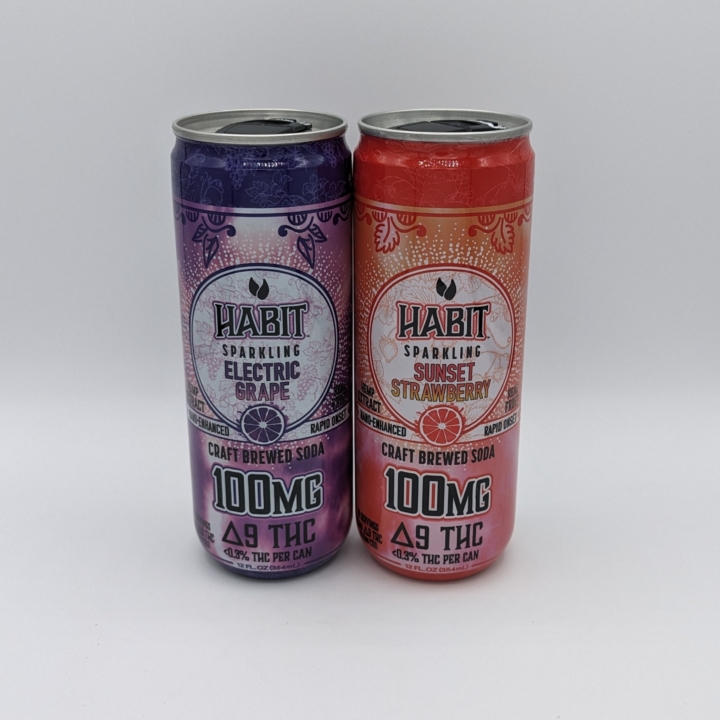 Habit 100mg Delta 9 THC Hybrid Sodas in Grape or Sunset Strawberry. Resealable cans.
