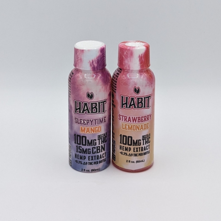 Habit 100mg Delta 9 THC Shots. Indica (Mango) w/ CBN or Hybrid (Strawberry Lemonade)